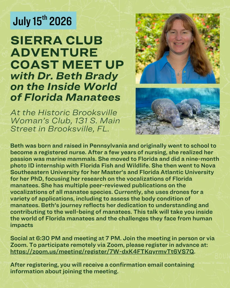 Sierra Club Adventure Coast Meet Up with Dr. Beth Brady on the Inside World of Florida Manatees