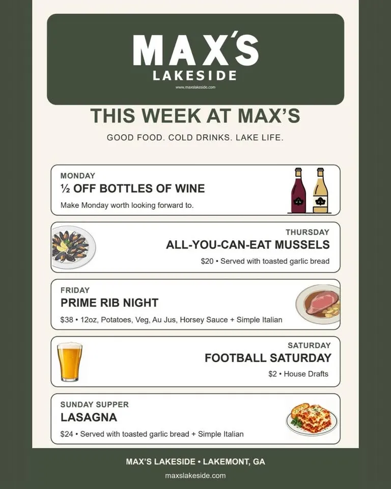 Max's Lakeside WEEKLY Specials in Rabun County