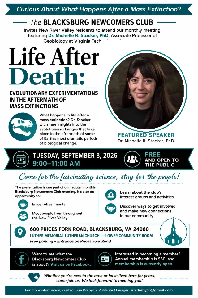 Michelle R. Stocker, PhD, Associate Professor of Geobiology at Virginia Tech, presents: “Life After Death: Evolutionary Experimentations in the Aftermath of Mass Extinctions”