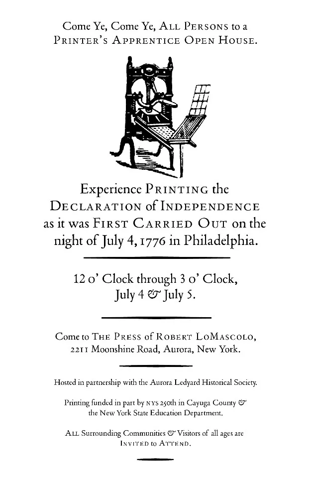 Single Event Printing of the Declaration of Independence: Printer's Apprentice Open House