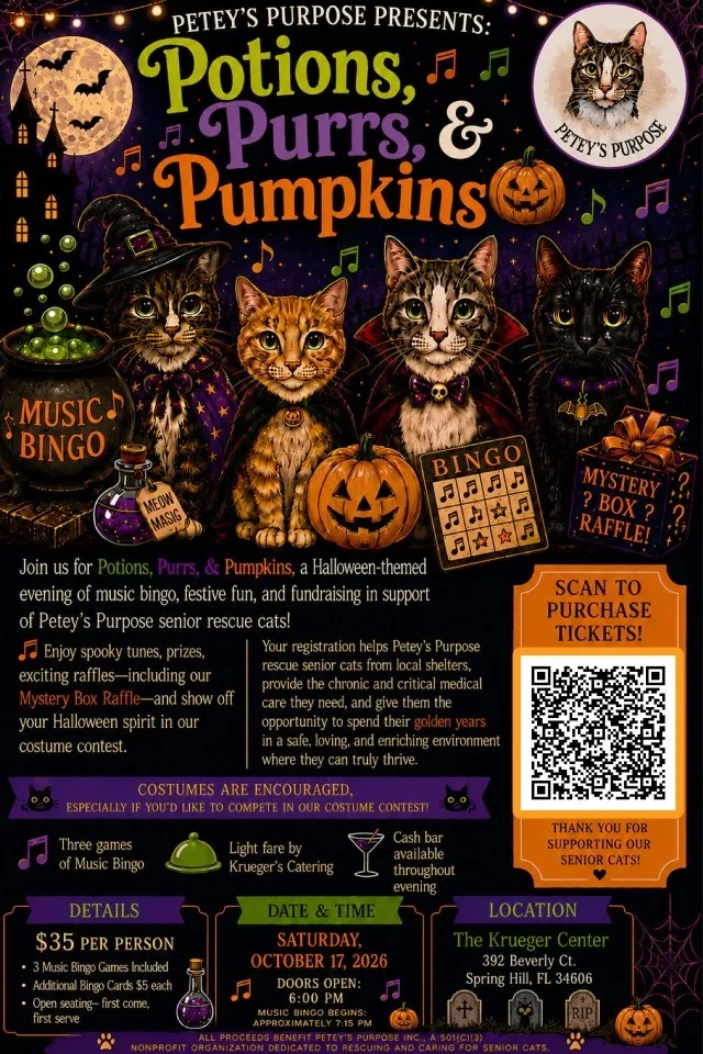 Petey's Purpose Rescue Presents: Potions, Purrs, & Pumpkins- Music Bingo!