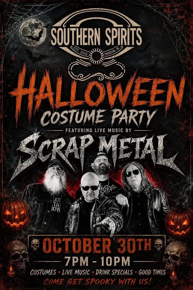 Southern Spirits 10th Annual Halloween Costume Party with live music from Scrap Metal!🎸💀🎤