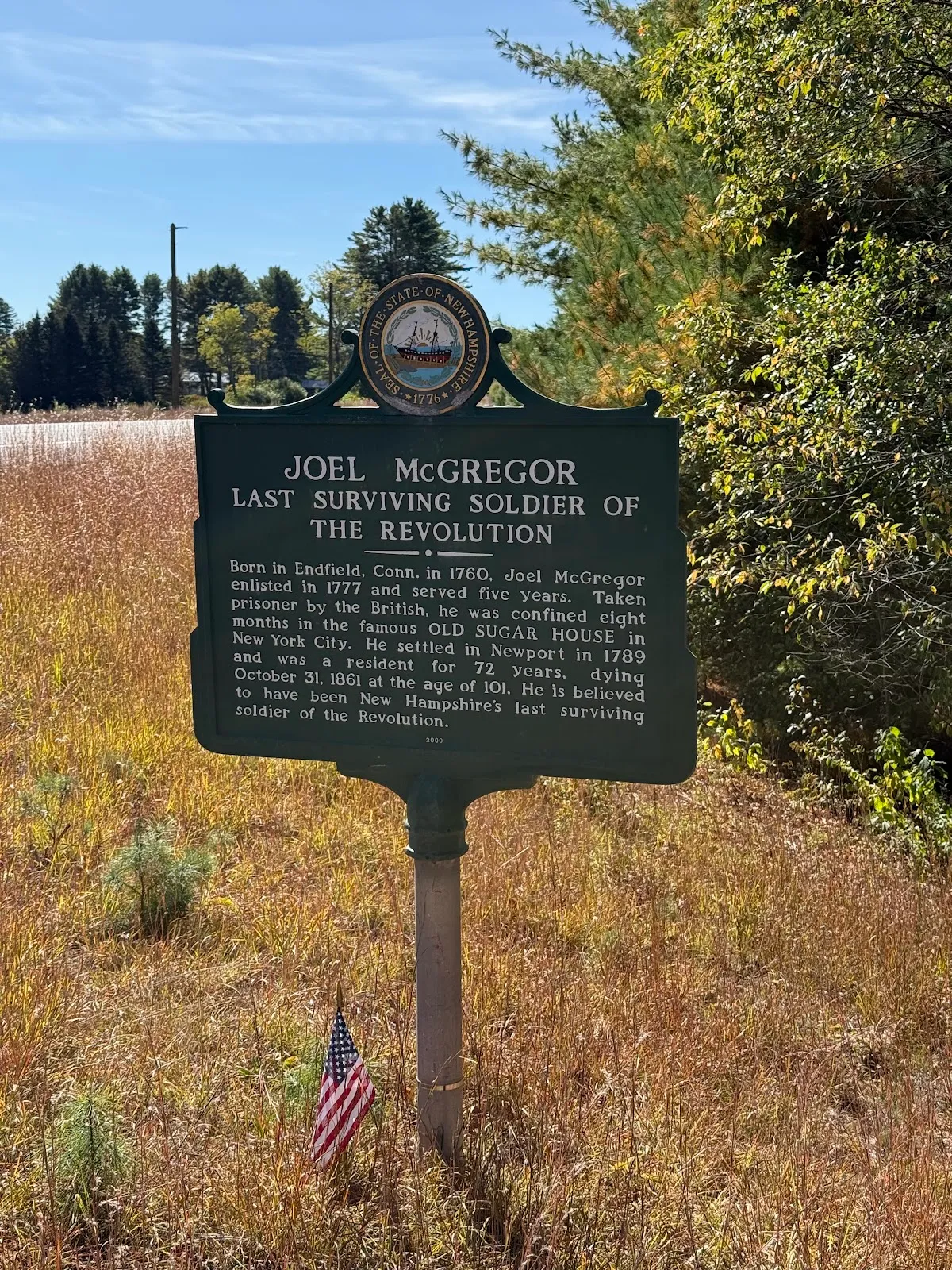 Joel McGregor - Last Surviving Soldier Of The Revolution NH Historical Highway Marker
